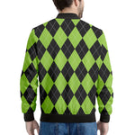 Black And Green Argyle Pattern Print Men's Bomber Jacket