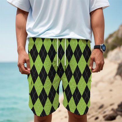 Black And Green Argyle Pattern Print Men's Cargo Shorts