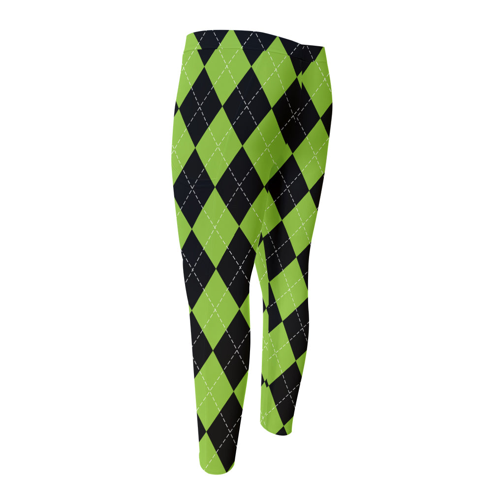 Black And Green Argyle Pattern Print Men's Compression Pants