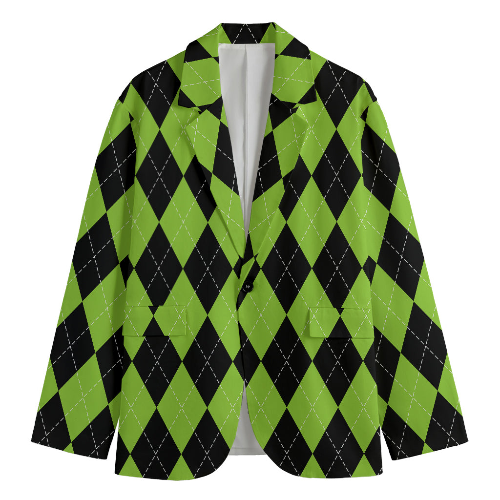 Black And Green Argyle Pattern Print Men's Cotton Blazer