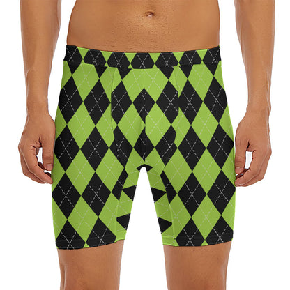 Black And Green Argyle Pattern Print Men's Long Boxer Briefs