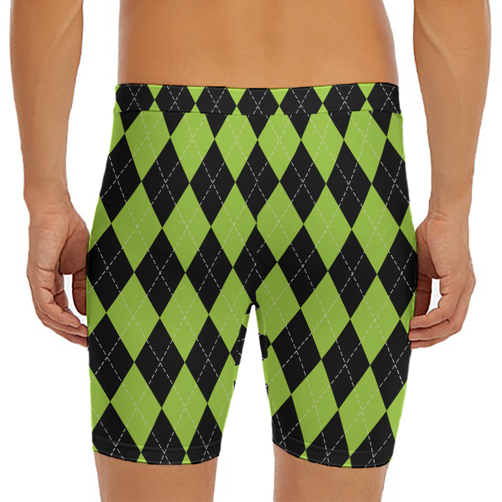Black And Green Argyle Pattern Print Men's Long Boxer Briefs