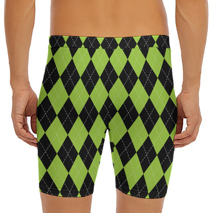 Black And Green Argyle Pattern Print Men's Long Boxer Briefs