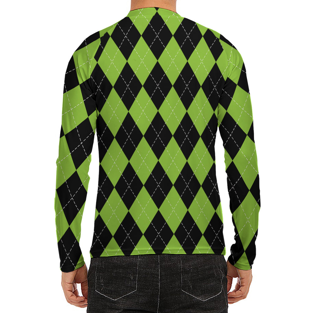 Black And Green Argyle Pattern Print Men's Long Sleeve Rash Guard