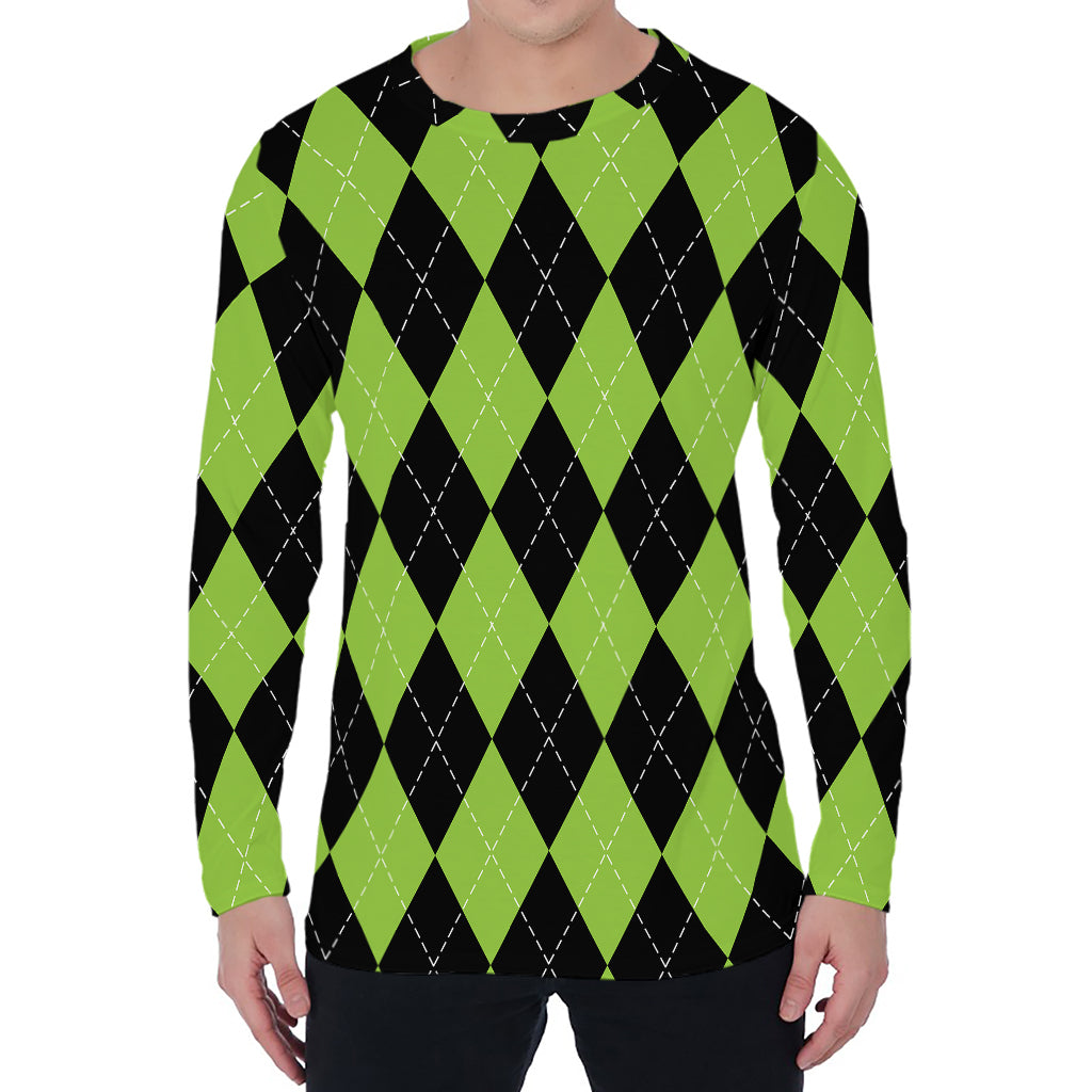 Black And Green Argyle Pattern Print Men's Long Sleeve T-Shirt