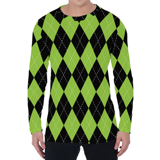 Black And Green Argyle Pattern Print Men's Long Sleeve T-Shirt