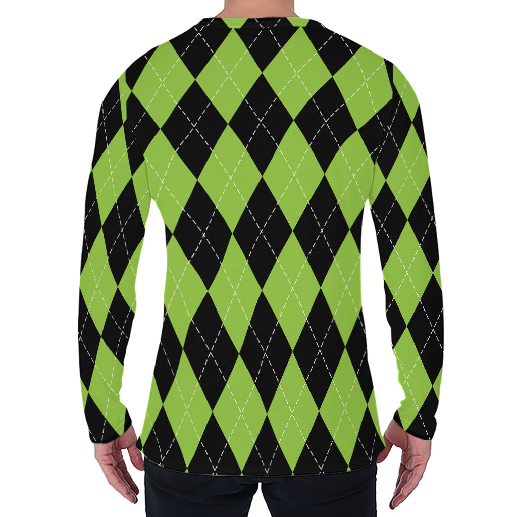 Black And Green Argyle Pattern Print Men's Long Sleeve T-Shirt