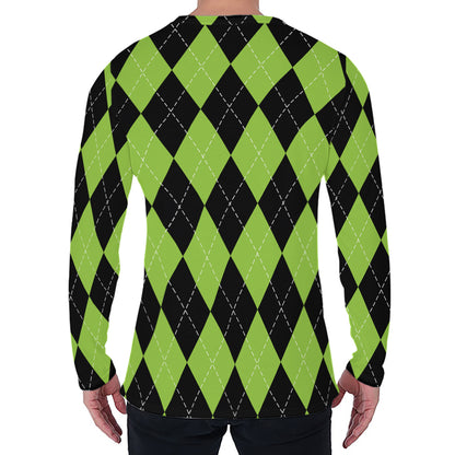 Black And Green Argyle Pattern Print Men's Long Sleeve T-Shirt
