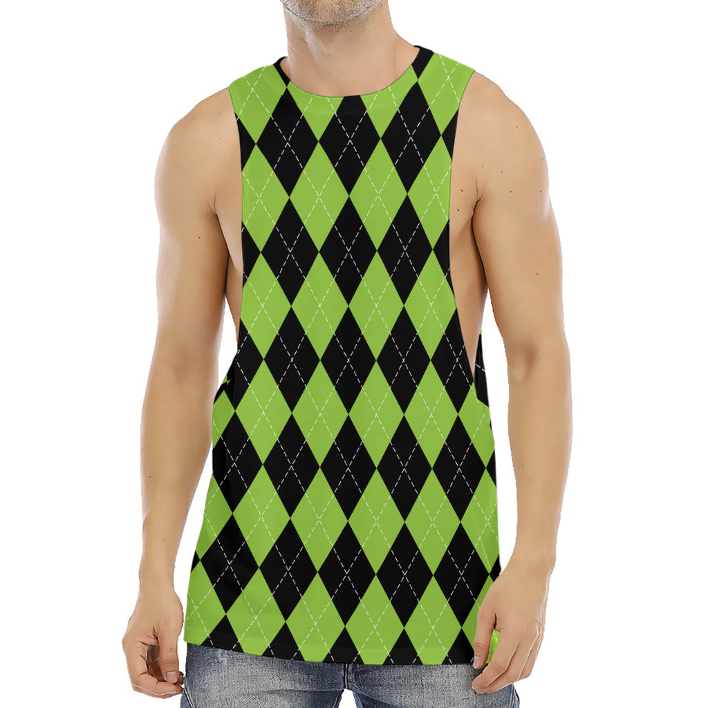 Black And Green Argyle Pattern Print Men's Muscle Tank Top