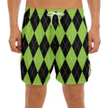 Black And Green Argyle Pattern Print Men's Split Running Shorts