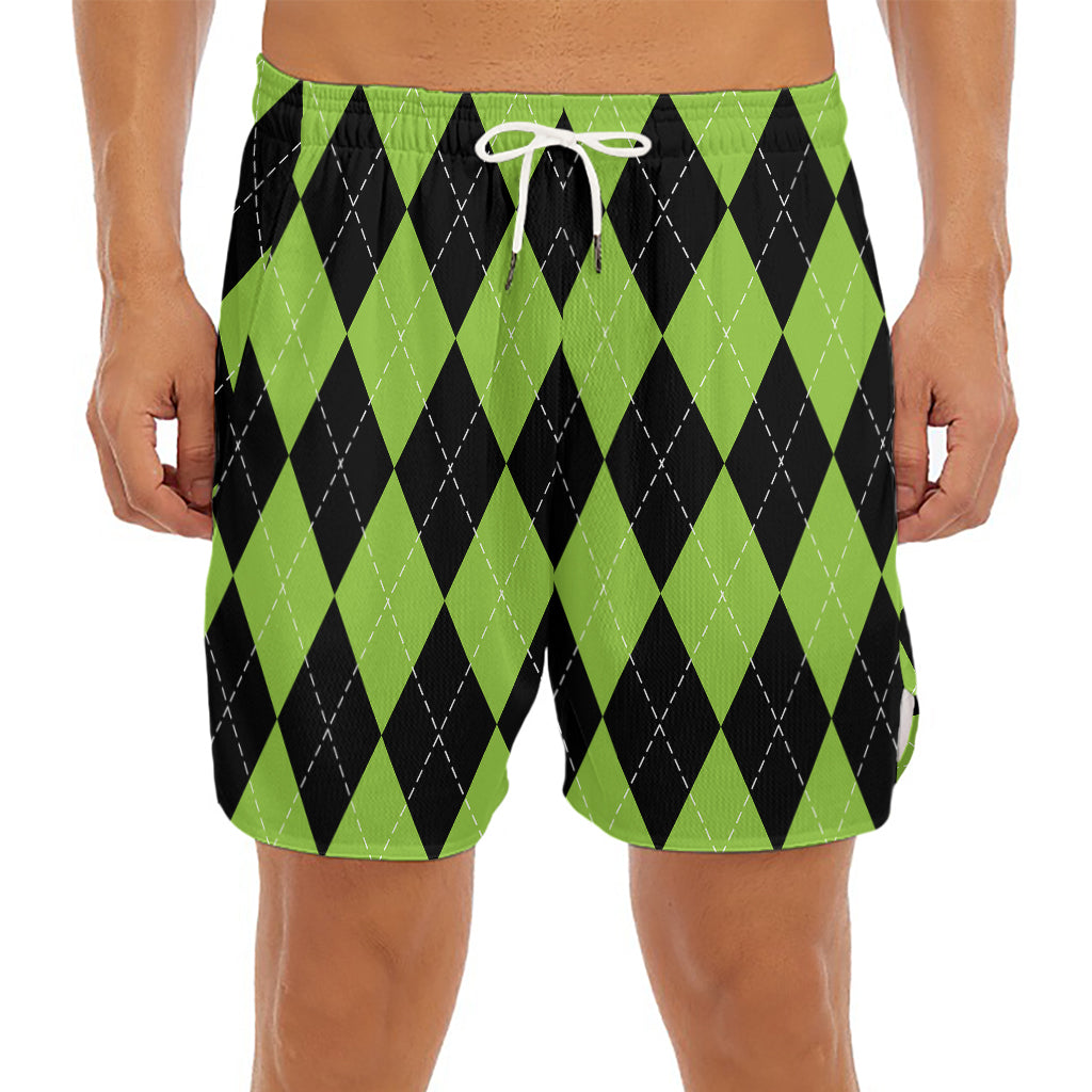 Black And Green Argyle Pattern Print Men's Split Running Shorts