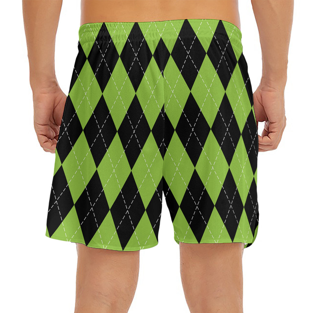 Black And Green Argyle Pattern Print Men's Split Running Shorts