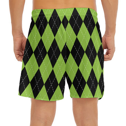 Black And Green Argyle Pattern Print Men's Split Running Shorts