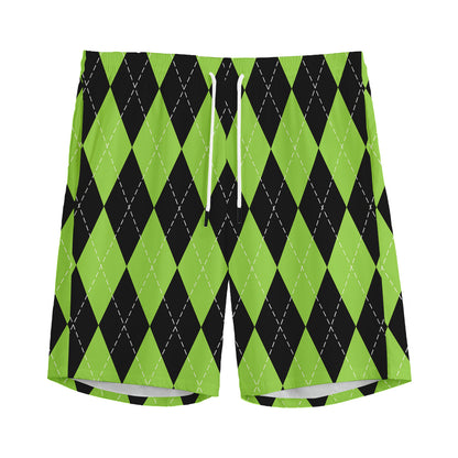 Black And Green Argyle Pattern Print Men's Sports Shorts