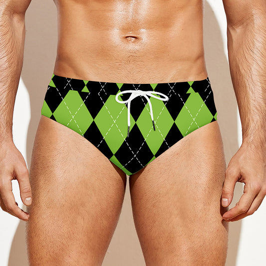 Black And Green Argyle Pattern Print Men's Swim Briefs