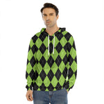 Black And Green Argyle Pattern Print Men's Velvet Pullover Hoodie