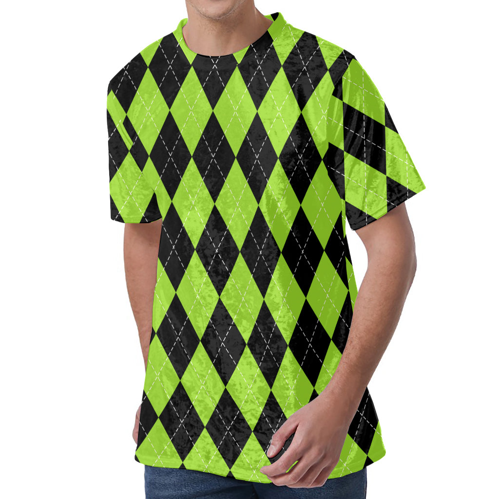 Black And Green Argyle Pattern Print Men's Velvet T-Shirt