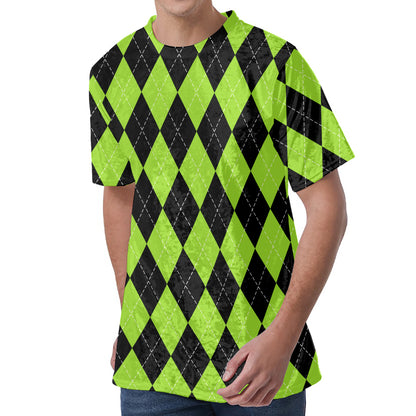 Black And Green Argyle Pattern Print Men's Velvet T-Shirt