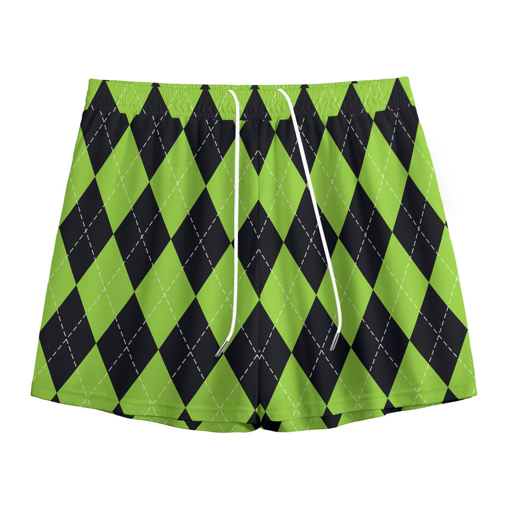 Black And Green Argyle Pattern Print Mesh Shorts