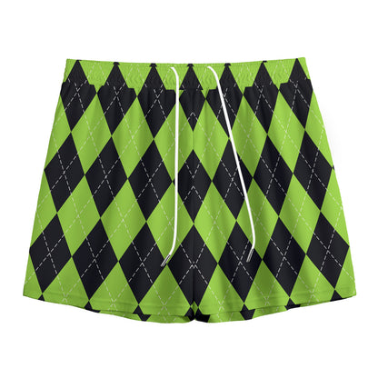 Black And Green Argyle Pattern Print Mesh Shorts