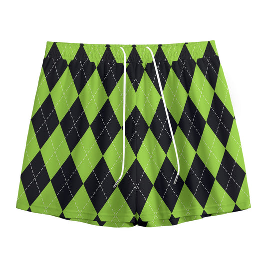 Black And Green Argyle Pattern Print Mesh Shorts