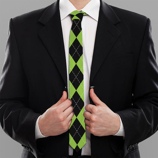 Black And Green Argyle Pattern Print Necktie