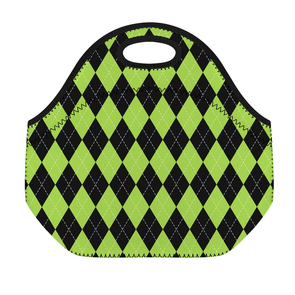 Black And Green Argyle Pattern Print Neoprene Lunch Bag
