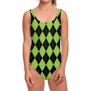 Black And Green Argyle Pattern Print One Piece Swimsuit