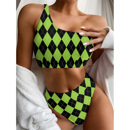 Black And Green Argyle Pattern Print One Shoulder Bikini Top