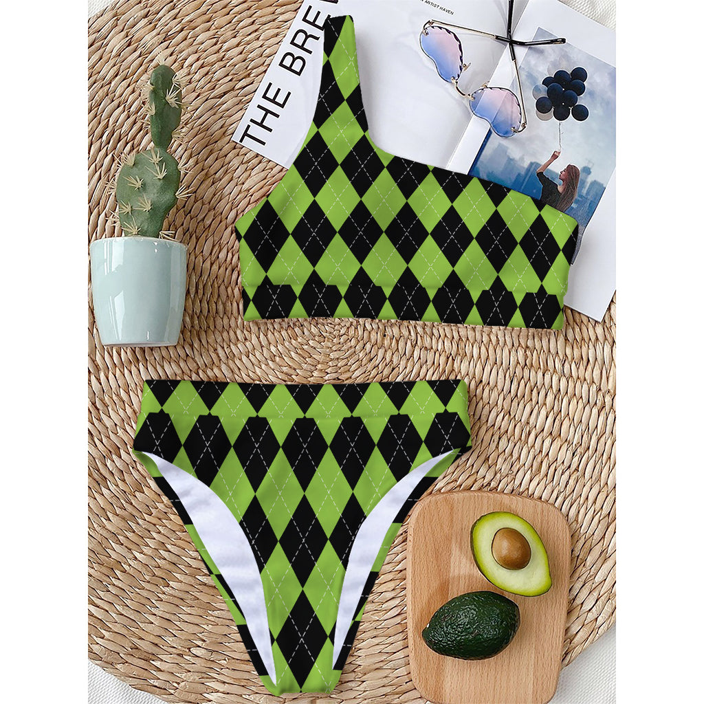 Black And Green Argyle Pattern Print One Shoulder Bikini Top