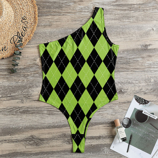Black And Green Argyle Pattern Print One Shoulder Bodysuit