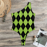 Black And Green Argyle Pattern Print One Shoulder Bodysuit