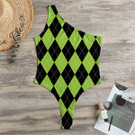 Black And Green Argyle Pattern Print One Shoulder Bodysuit