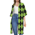 Black And Green Argyle Pattern Print Open Front Beach Cover Up