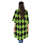 Black And Green Argyle Pattern Print Open Front Beach Cover Up