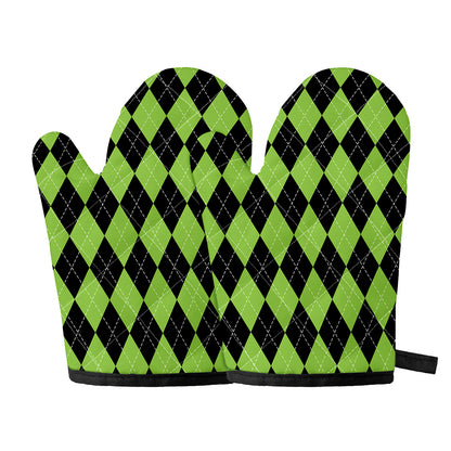Black And Green Argyle Pattern Print Oven Mitts