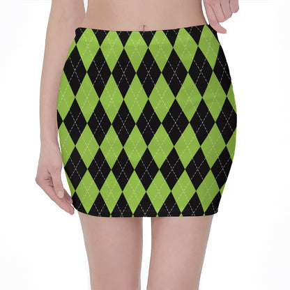 Black And Green Argyle Pattern Print Pencil Mini Skirt