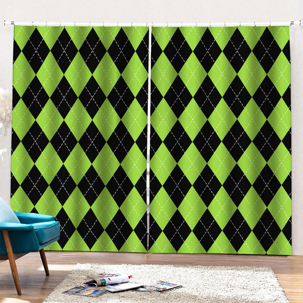 Black And Green Argyle Pattern Print Pencil Pleat Curtains