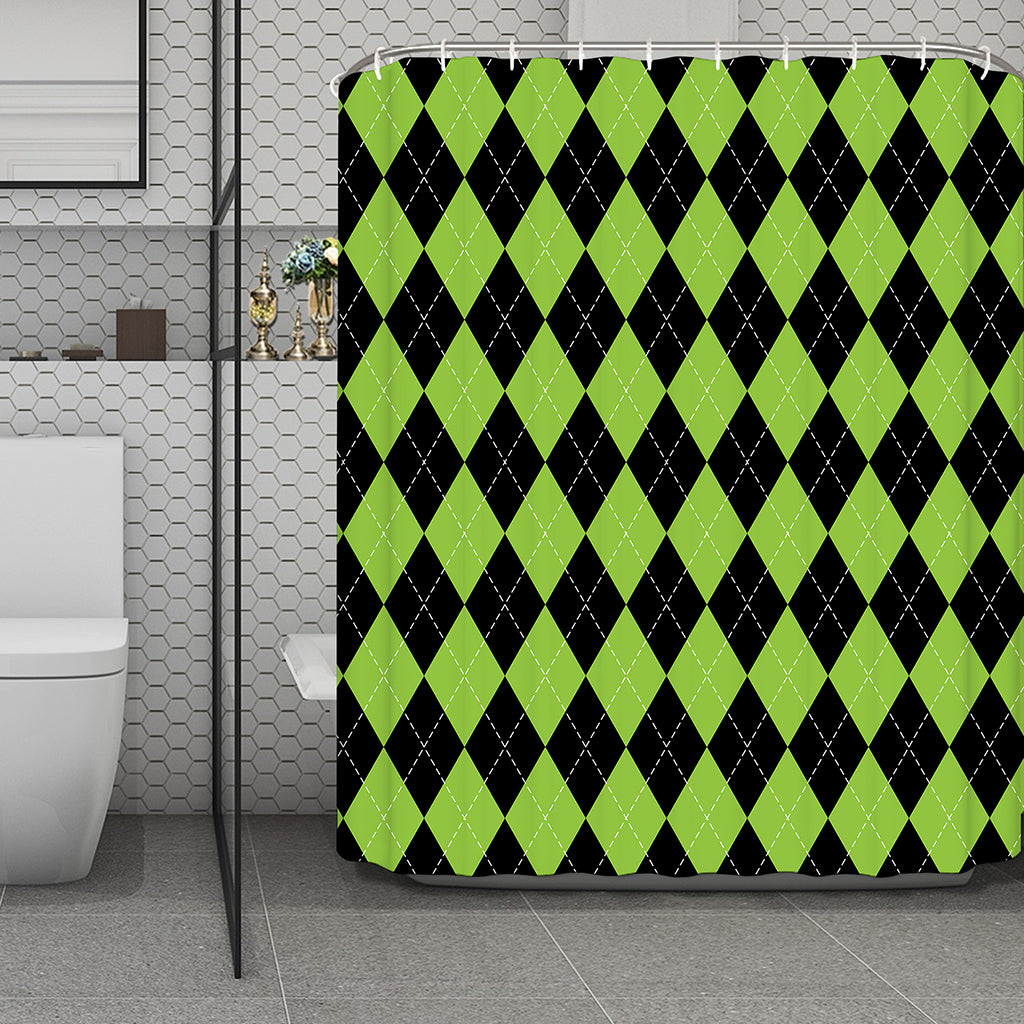 Black And Green Argyle Pattern Print Polyester Shower Curtain