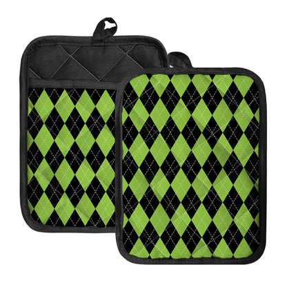 Black And Green Argyle Pattern Print Pot Holders With Pocket