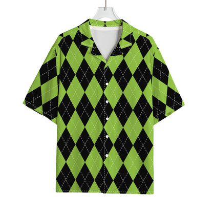 Black And Green Argyle Pattern Print Rayon Hawaiian Shirt