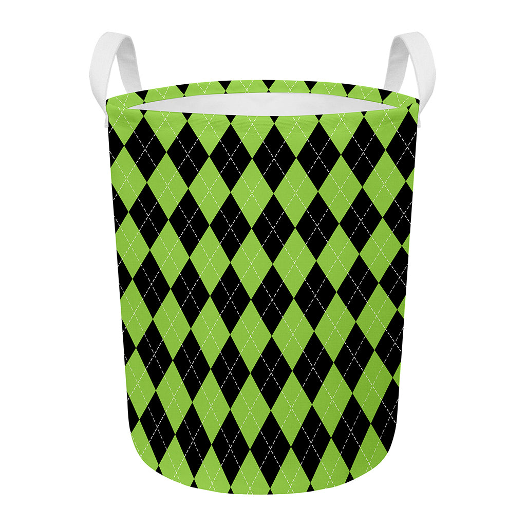 Black And Green Argyle Pattern Print Round Laundry Basket