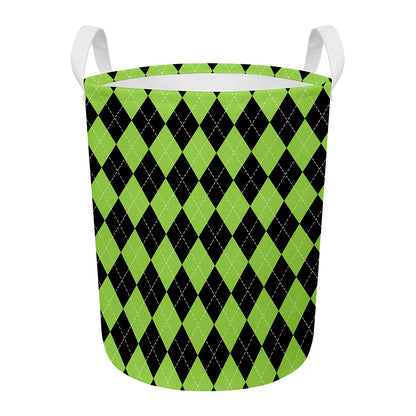 Black And Green Argyle Pattern Print Round Laundry Basket