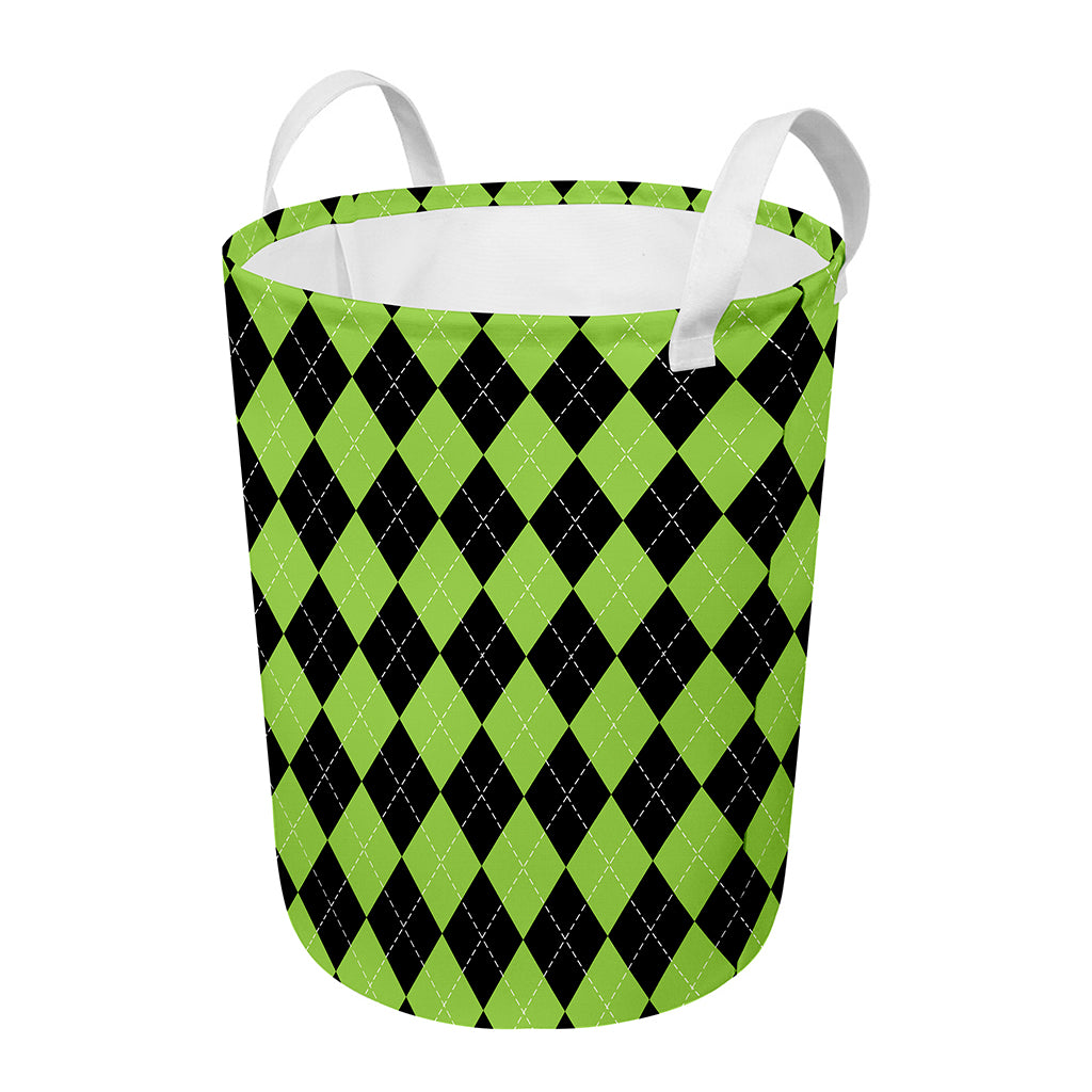 Black And Green Argyle Pattern Print Round Laundry Basket