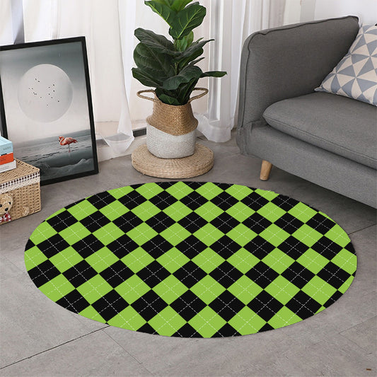 Black And Green Argyle Pattern Print Round Rug
