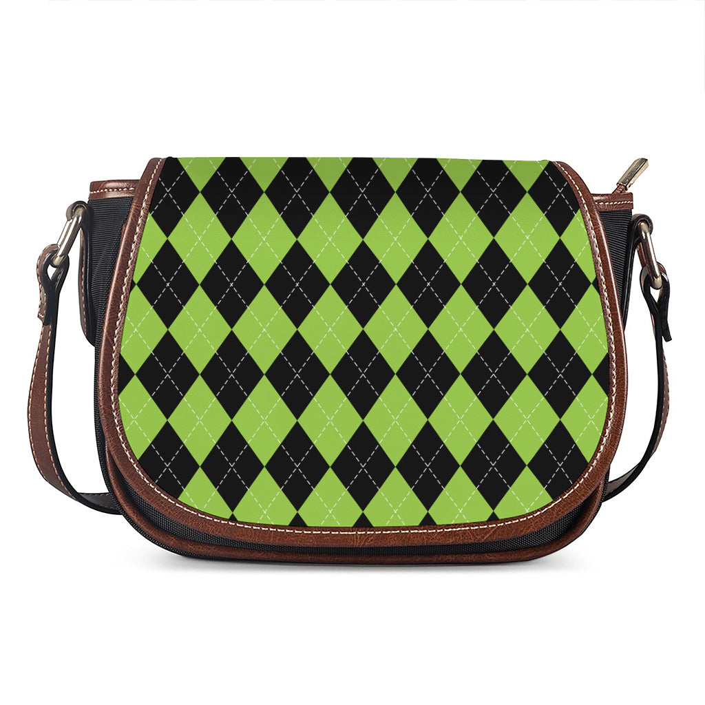 Black And Green Argyle Pattern Print Saddle Bag