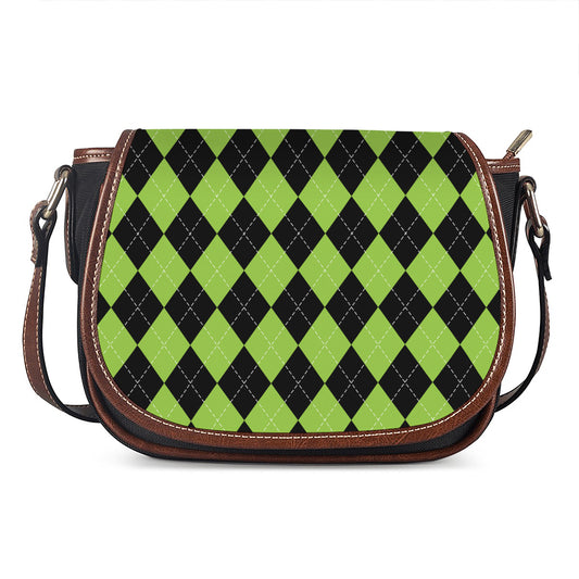 Black And Green Argyle Pattern Print Saddle Bag