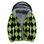 Black And Green Argyle Pattern Print Sherpa Lined Zip Up Hoodie