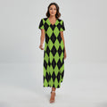 Black And Green Argyle Pattern Print Short Sleeve Maxi Dress