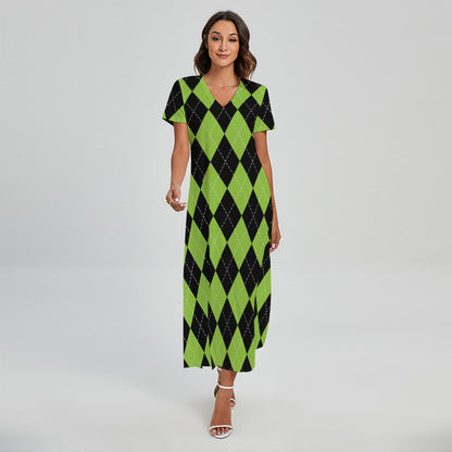 Black And Green Argyle Pattern Print Short Sleeve Maxi Dress